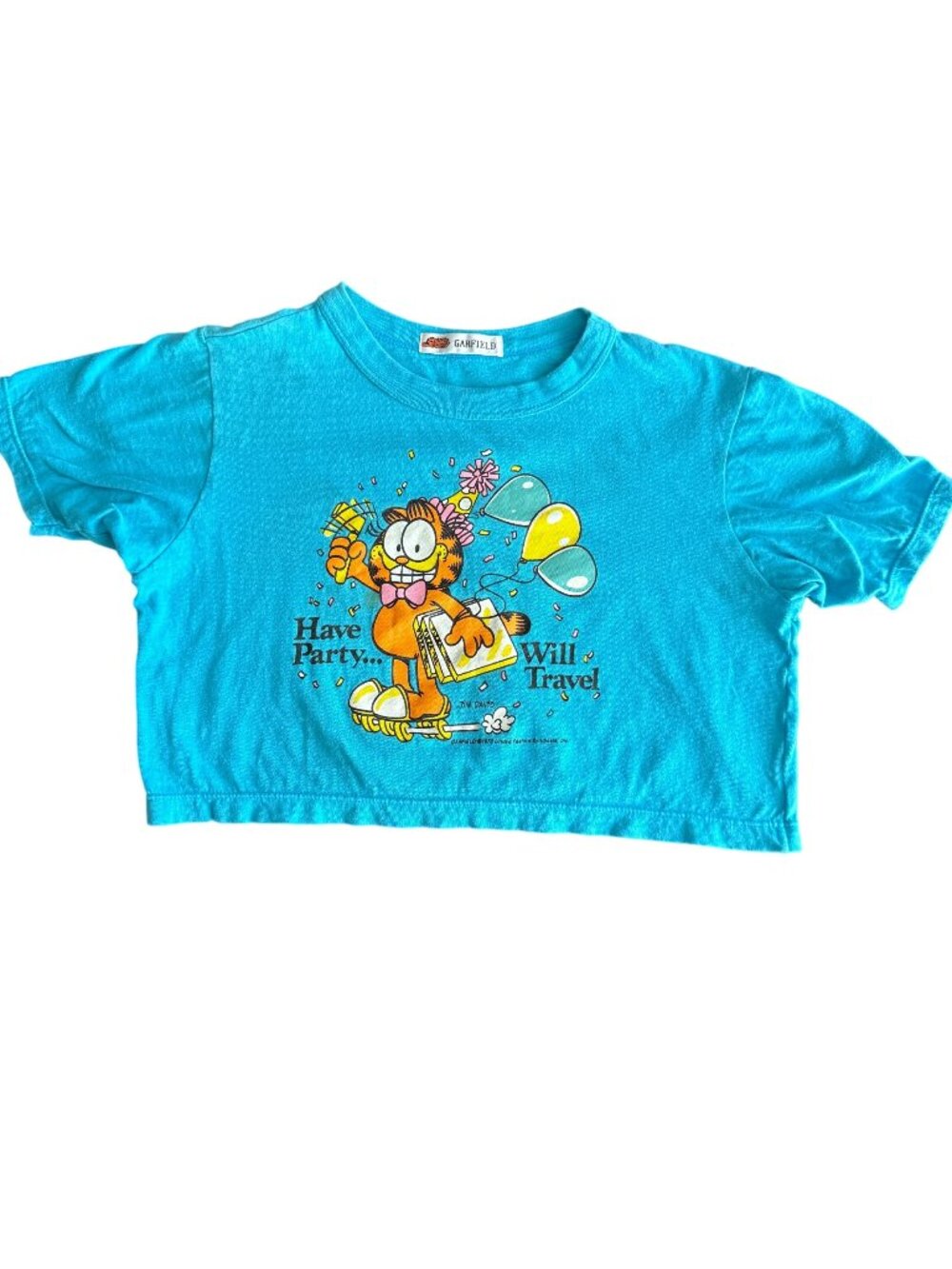 Garfield "Have Party Will Travel" Blue Crop Top T-Shirt S